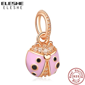 

2019 New Original 925 Sterling Silver Bead Rose Gold Ladybird Charm Fit Pandora Bracelet DIY Pink Enamel Ladybug Jewelry Making