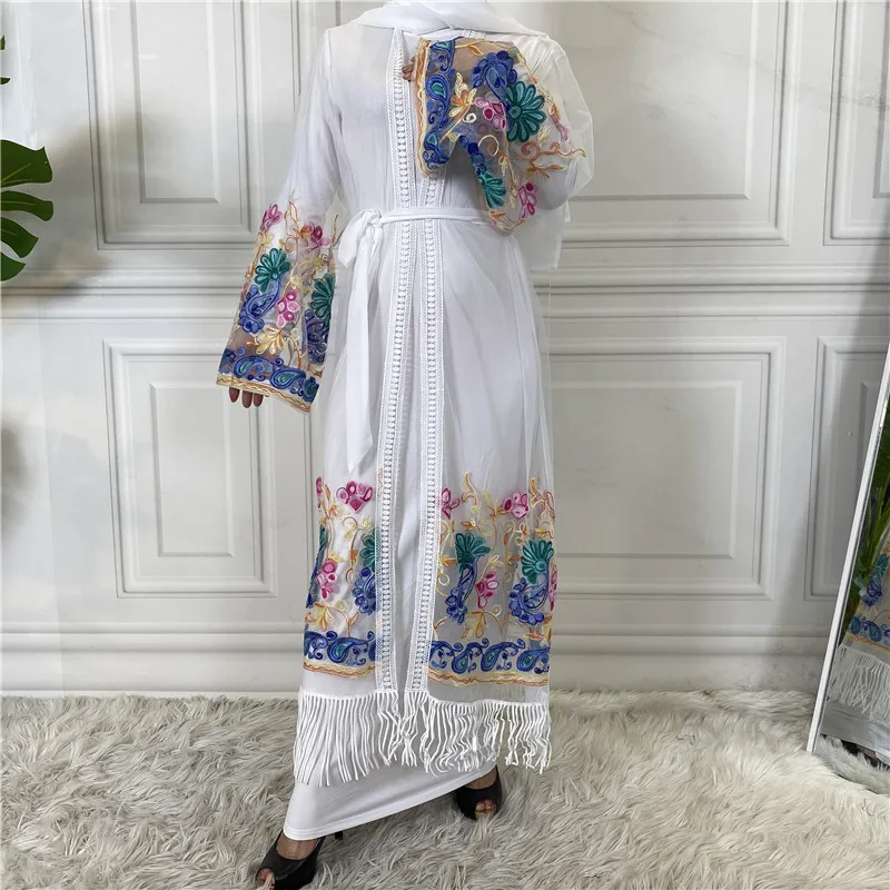 

Lace Abayas Floral Embroidery Luxury Maxi Robe For Women Muslim Arabic Mesh Open Kimono Cardigan Middle East Caftan Jilbab Gown