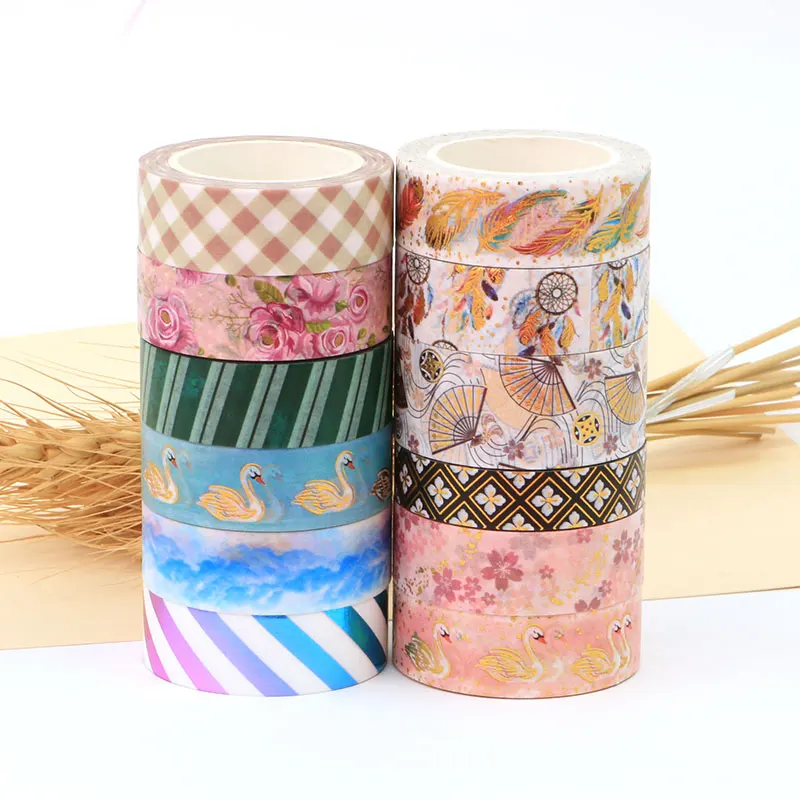 1Pc Foil Golden Feather Fan Blue Lake Swan Cherry Blossom Decorativo Washi Tape Scrapbooking Nastro Adesivo Forniture Per Ufficio Scolastico