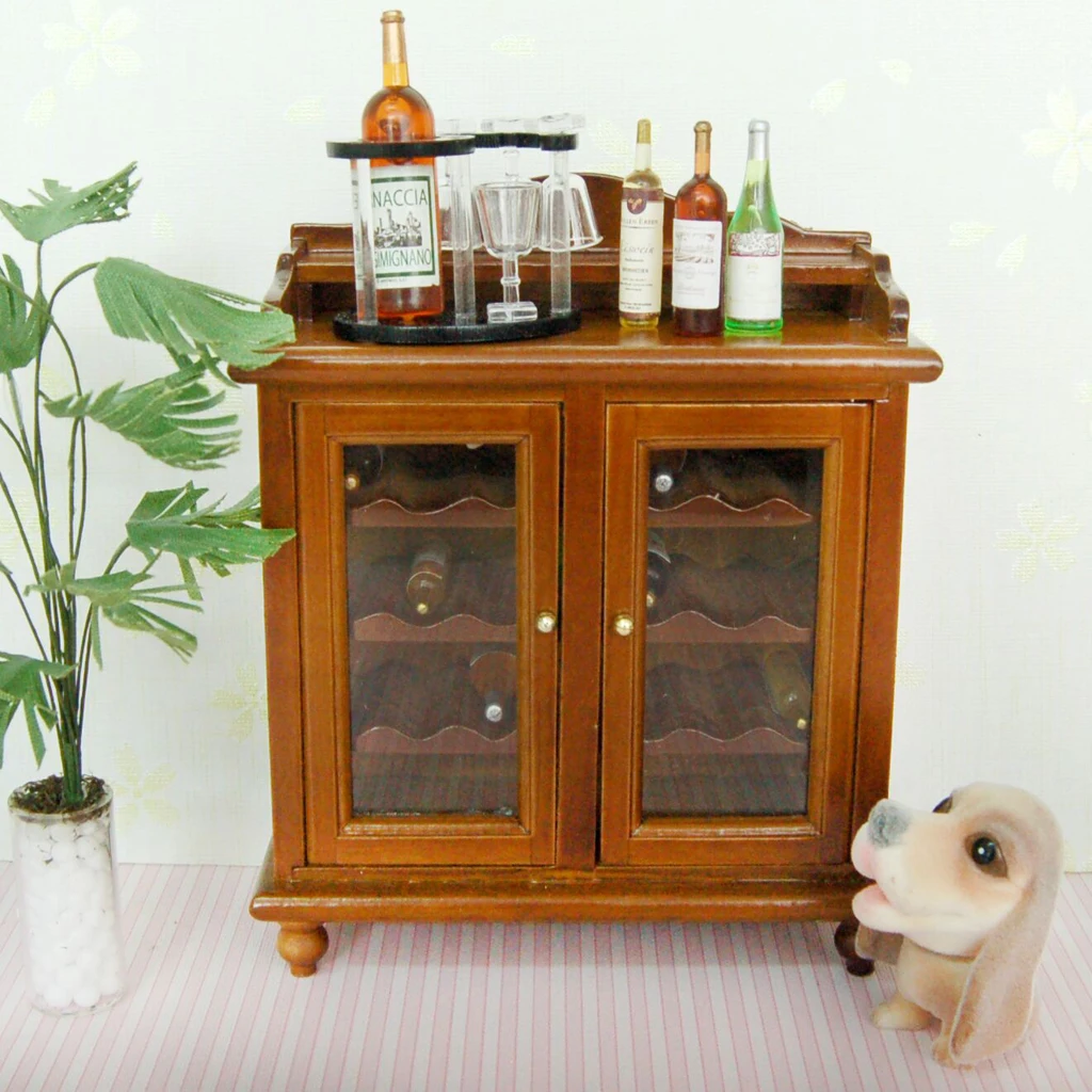 Dollhouse Furnishings Brown Wooden Cabinet with Wine Rack, Bottles and Cups Goblet, 1/12 Realistic Furniture Model Decor