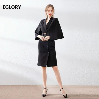 

Cape Blazer Dress 2019 Autumn Party Events Women Notched Collar Double Breasted Black White Bodycon Elegant Work Dress Vestidos