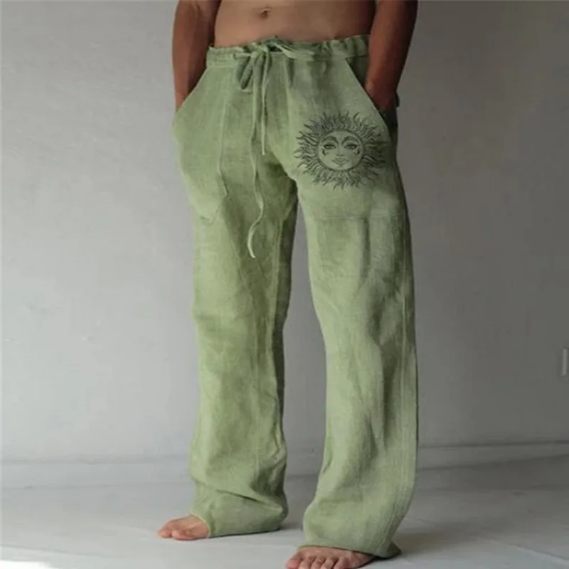 Men's Casual Pants sweatpants Sun Flower Print Full Length Pants Pocket Drawstring Linen Trousers Men fashionable wide leg pants,linen pants,wide leg pants,fashion pants
