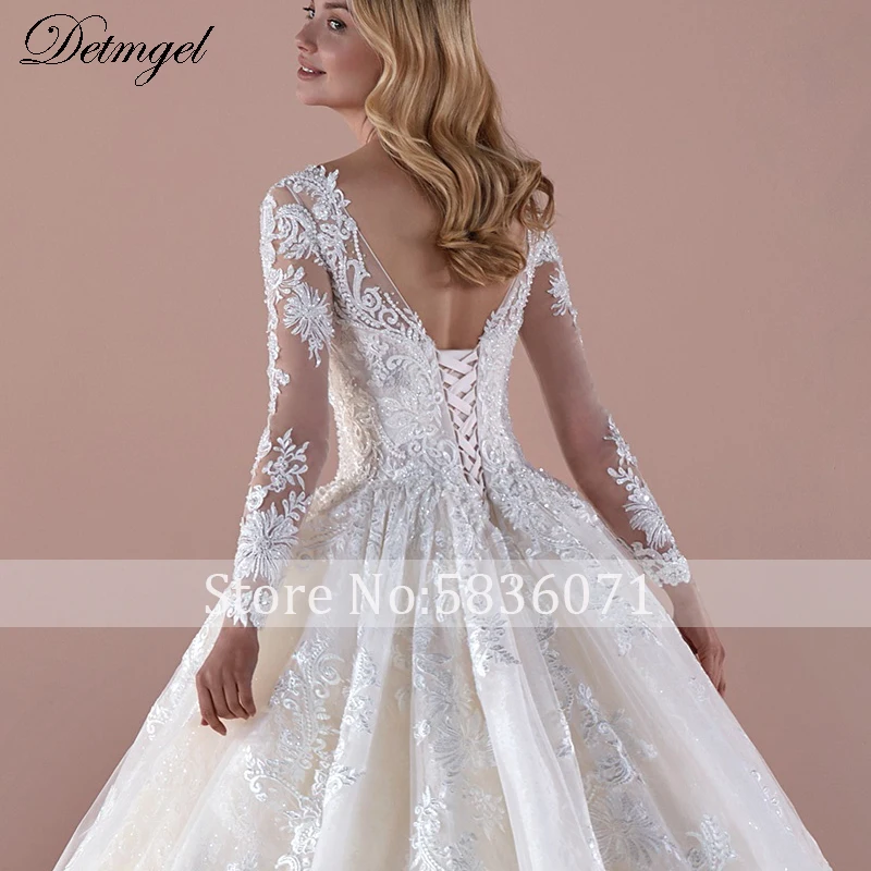 Detmgel Design Romantic V-Neck Long Sleeve A-Line Wedding Dresses 2022 Luxury Beaded Appliques Chapel Train Princess Bridal Gown tea length wedding dress