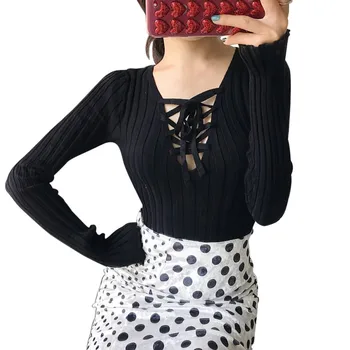 

Spring Autumn Knitwear Women Sweater Drawstring Tops White V Collar Loose Bow Tie Long Sleeve Women Clothing