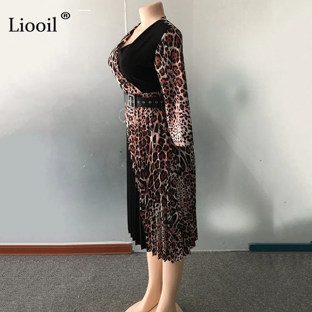 Liooil размера плюс, сексуальное леопардовое плиссированное платье миди для женщин, осень зима, половина рукава, v-образный вырез, пояс, повседневные платья для женщин, вечерние платья