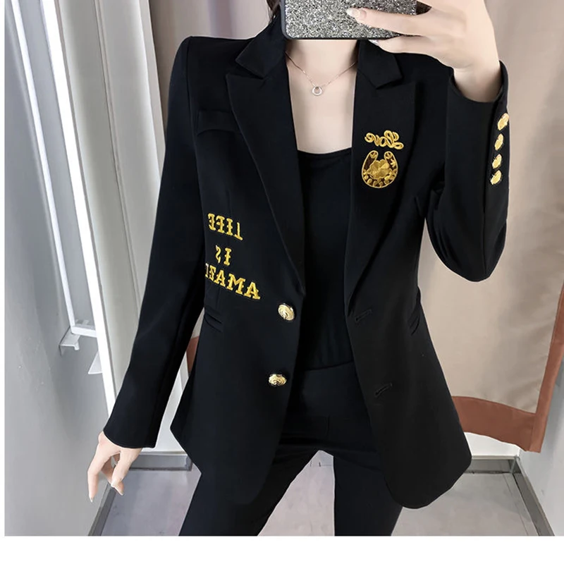 

Women Blazers Jackets Single Breasted Embroidery Letter Female Casual Black England Vintage Manteau Outerwear