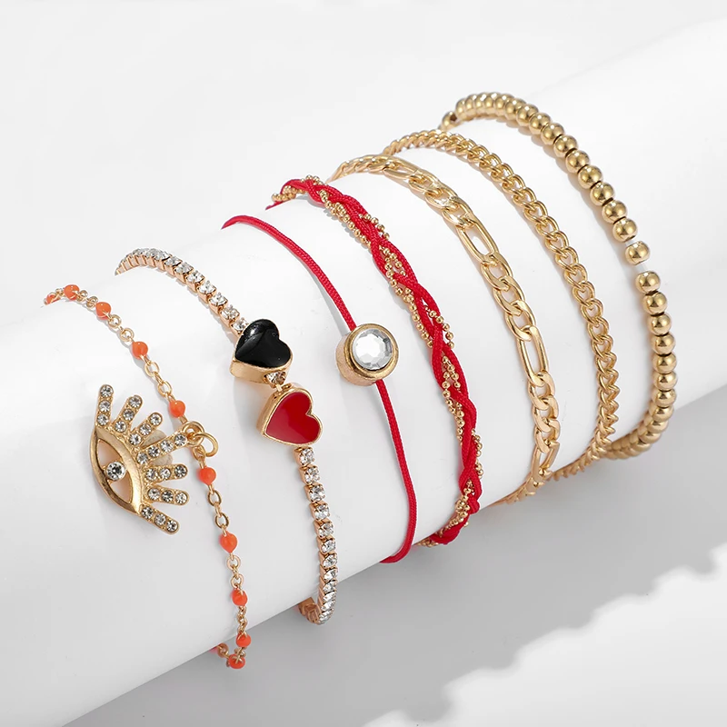 Docona Boho черный, красный любовь многослойный браслет для Для женщин с украшением в виде кристаллов глаз шармы браслеты для ног Ювелирные изделия Tobilleras 7 шт./компл. 8853