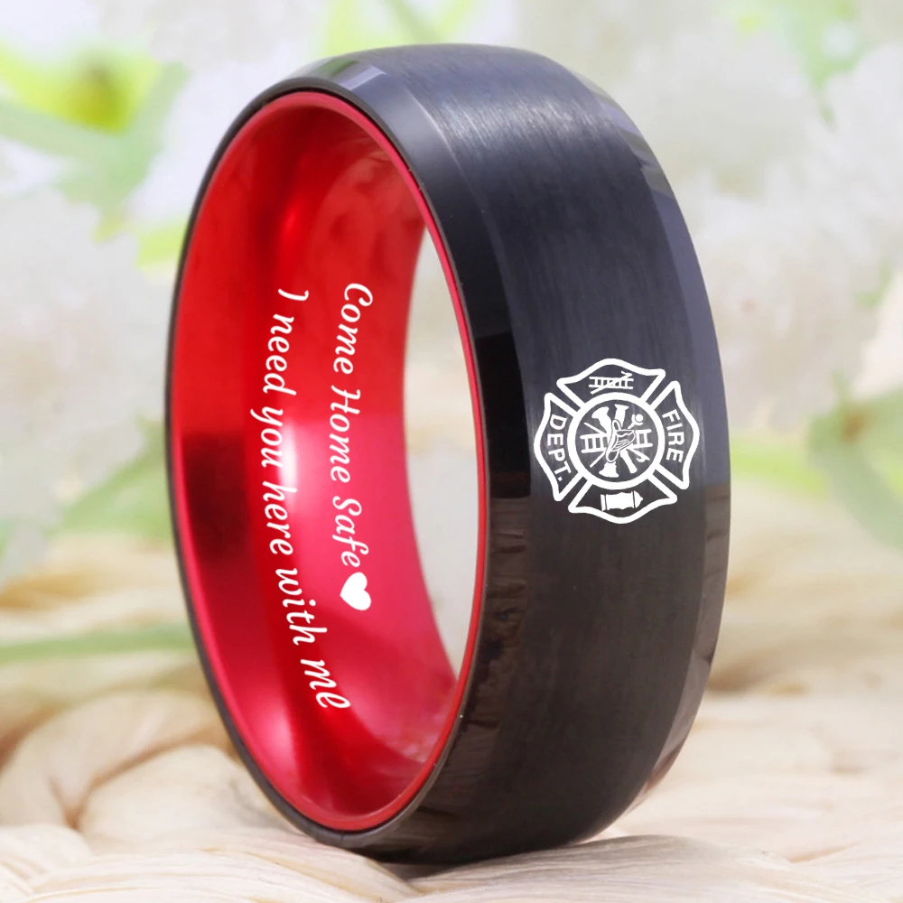 Firefighter Design Fireman Rings Fire Police Ring Men's Black Tungsten Ring With Red Groove CZ Anniversary Gift Ring
