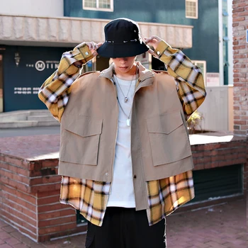 

2019 Autumn Men Casual Loose Lattice Solid Color Spliced Fake Two Pieces Jacket Lapel Long Sleeve Plaid Coat Outwear Homme M-2XL