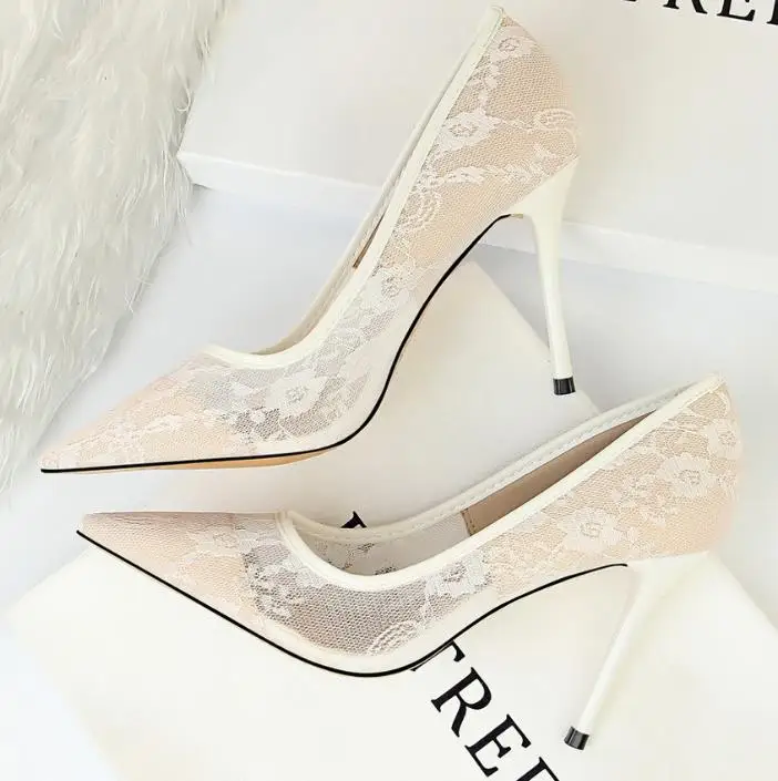 

BIGTREE Fashion Peep Toe Women Pumps Stiletto High Heel Platform Shoes Lace Wedding Shoes Mesh Hollow Sexy Nightclub Women Shoes