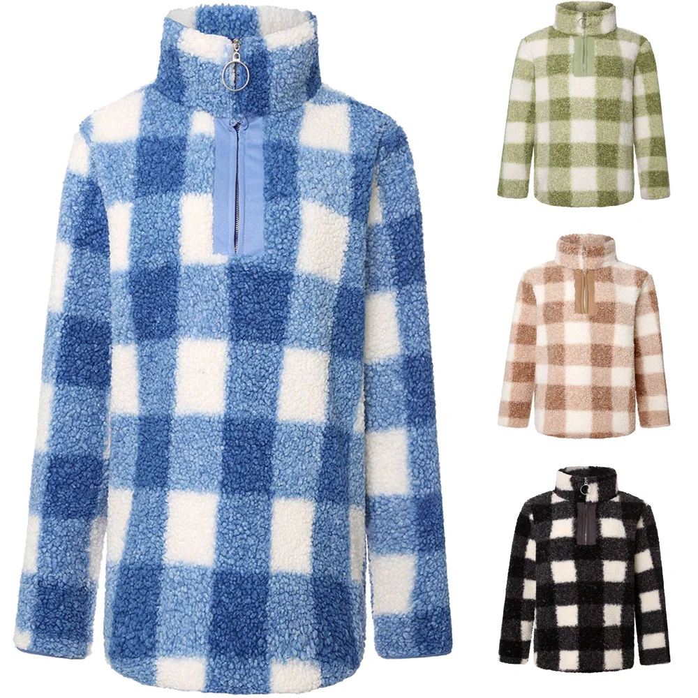 New Autumn and Winter New Plush Long-Sleeve Zipper Plaid Sweater Cardigan Coat