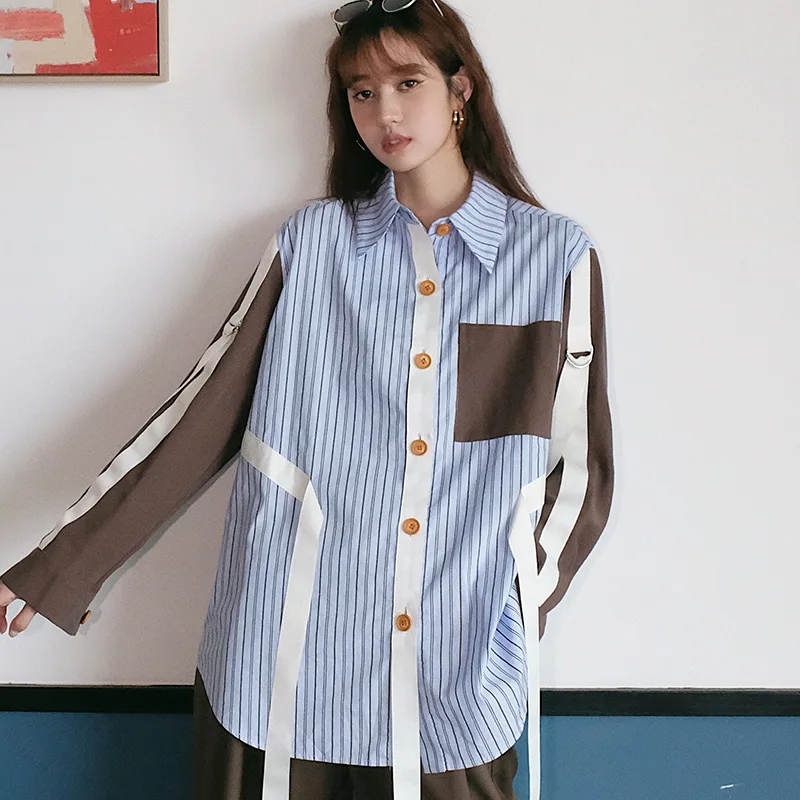 [EAM] Women Blue Ribbon Striped Big Size Blouse