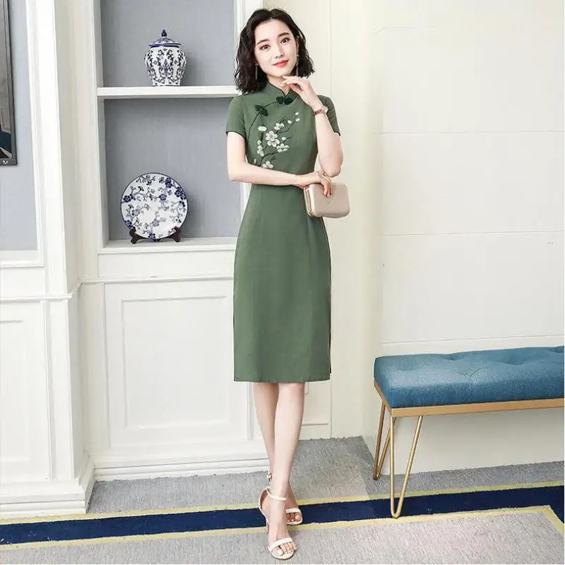Винтажное хлопчатобумажное белье с цветами женское платье оверсайз 3XL повседневное короткое Чонсам китайский стиль зеленый тонкий Ципао Vestidos