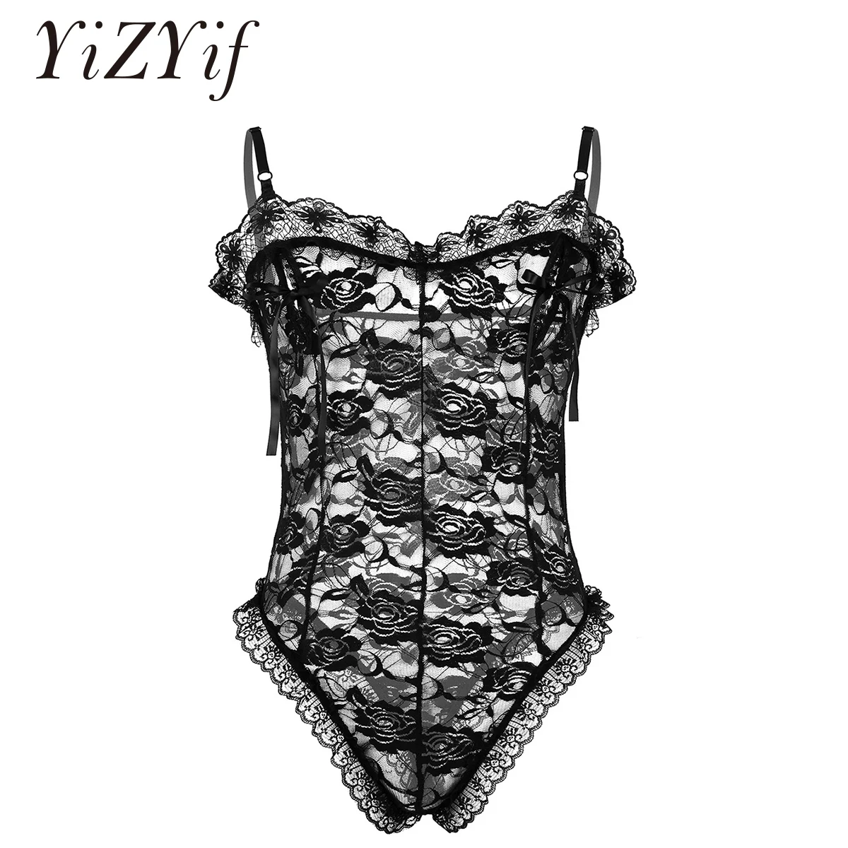 

Men Undershirt Lace Floral Nipple Splits with Ribbon Sexy Sissy Lingerie Gay Thong Male Transparent Bodysuit Erotic Nightwear