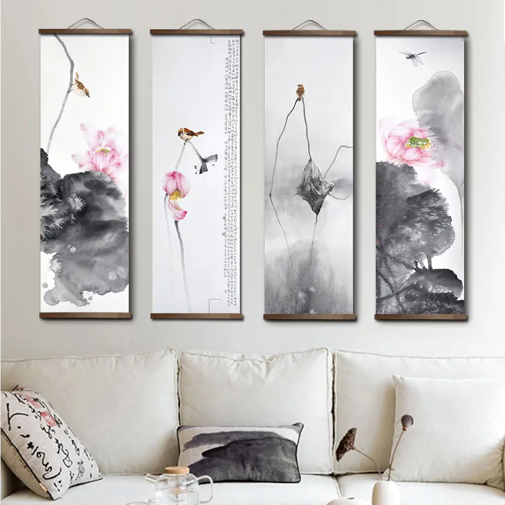 

Chinese Style Ink Lotus Animal Bird Canvas Decorative Bedroom Living Room Wall Art Posters Chinese Solid Wood Scroll Paintings