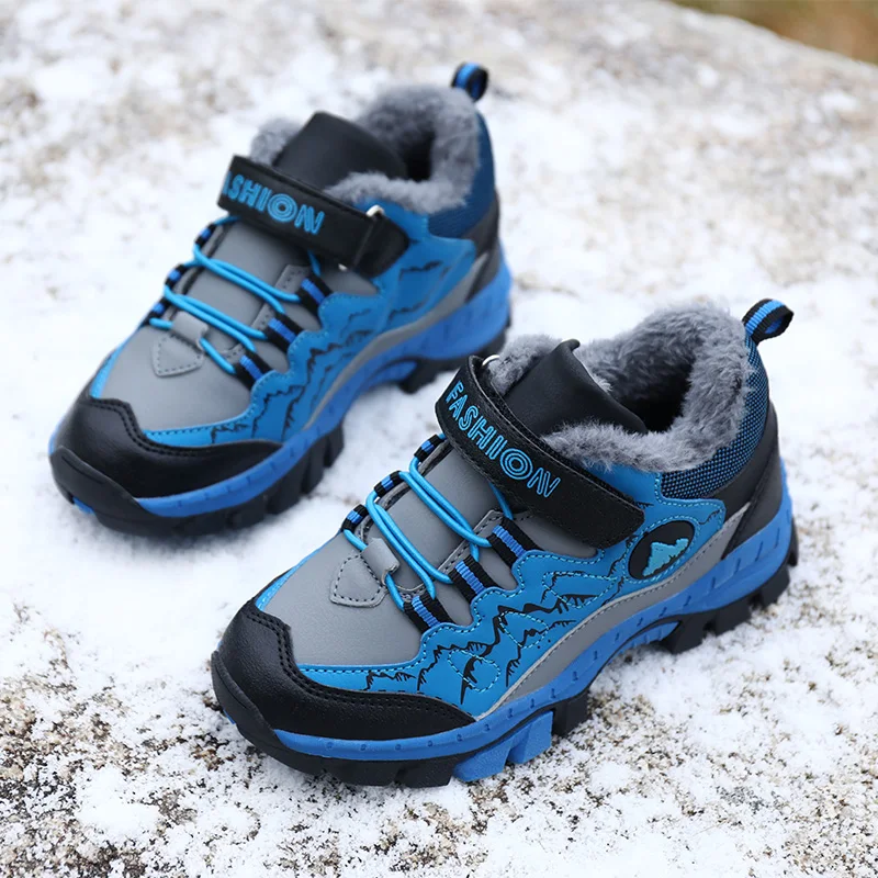 Зимние ботинки для мальчиков и девочек; детская зимняя обувь из хлопка; Детские туристические ботинки для подростков; кроссовки для прогулок и альпинизма; размеры 28-40