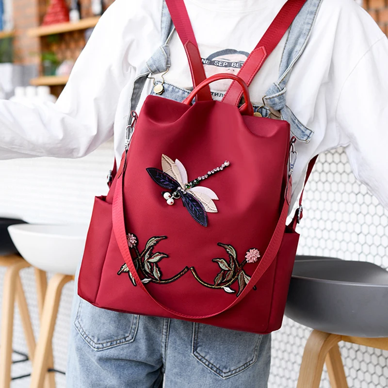 

Female Rucksack Waterproof Nylon Women Backpack Zipper Oxford School Bags For Girls Dragonfly Flower 3D Embroidered Backpack