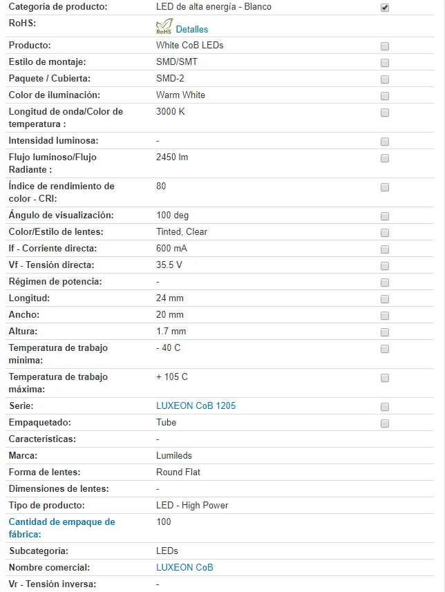 PHI luceon CoB 1205 LHC1-3080-1205 светодиодный светильник de alta Energy Blanco теплый белый, 3000K 80CRI
