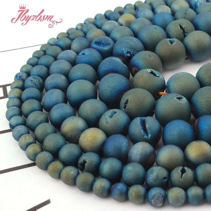 

Natural Metallic Coated Druzy Agates Round Green Loose Spacer Beads 6/8/10/12MM Stone Beads For DIY Necklace Jewelry Making 15"