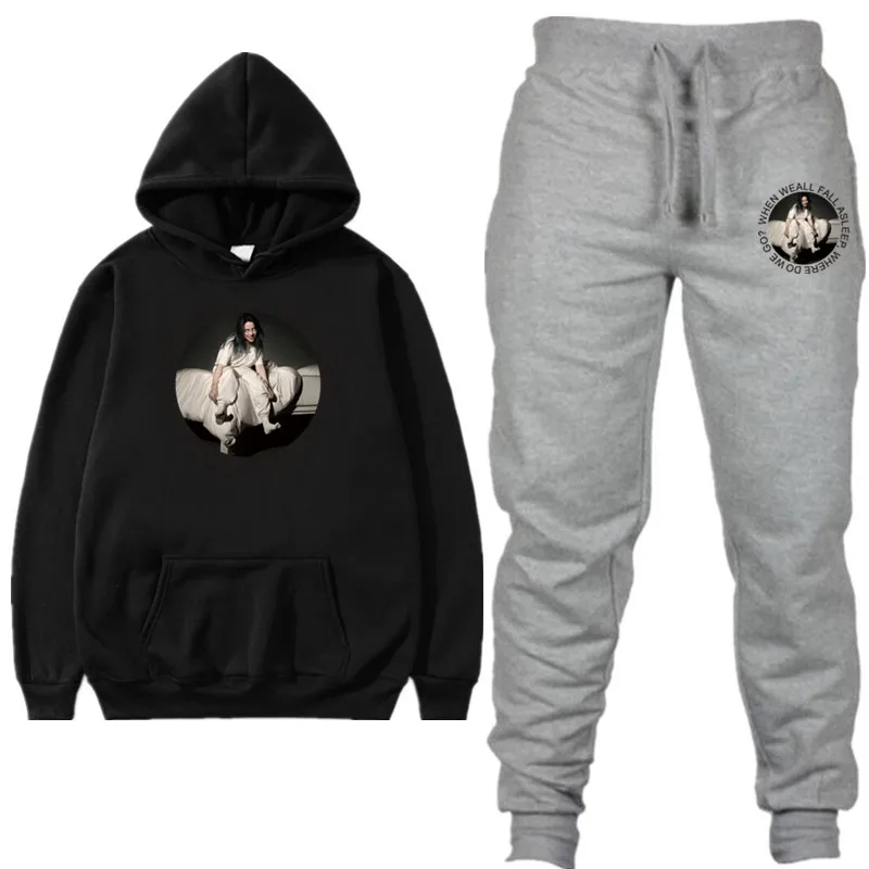 15 black gray Новая мода Billie Eilish, мужские толстовки с длинным рукавом+ штаны, мужской спортивный костюм, костюм для улицы, Мужской Женский комплект, повседневная спортивная одежда, костюм - Color: 15 black gray