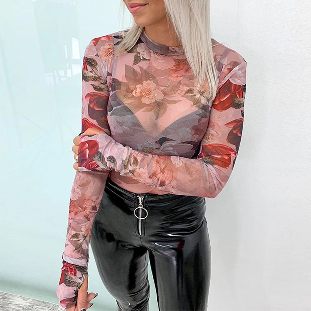 2020 Summer Ladies Slim Fit Leotard Jumpsuit Body T shirts Bodysuit Women Mesh Sheer Long Sleeve Floral Print Romper Skinny Tops
