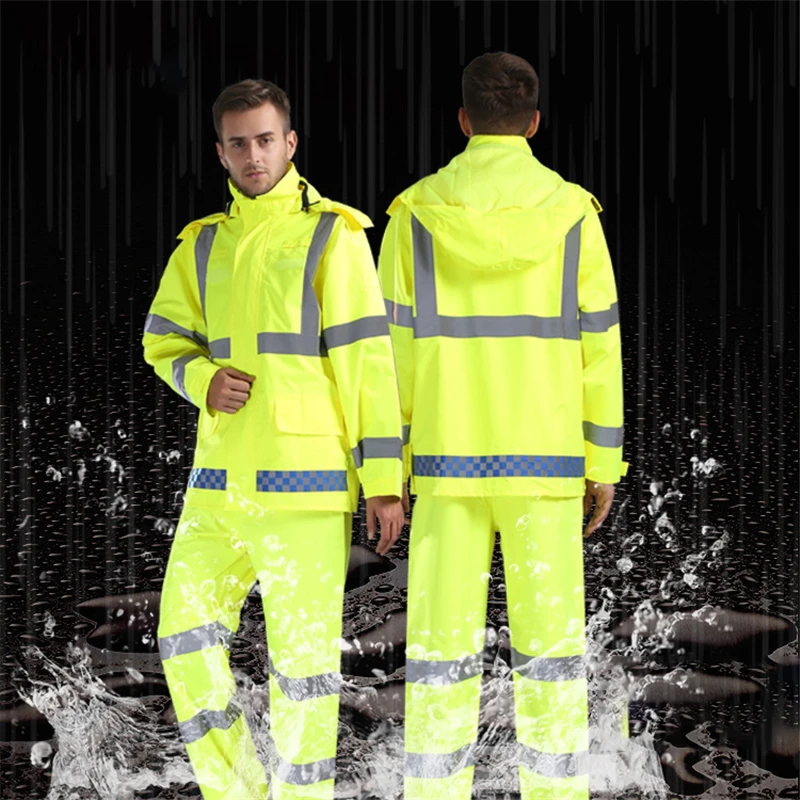 

Safety Work Clothes Reflective Traffic Duty Clothing Set PVC Raincoat Split Pants Set Sanitation Rain for Outdoor Night Work
