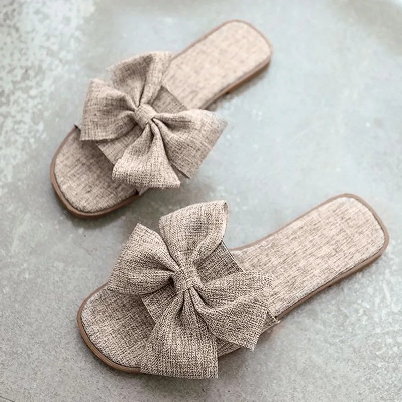 

Summer Slippers Flip Flops For Women Bow-knot Suede Flat-soled Sandals Wearing Non-slip Open Toes Shoes Slippers 2020 Mujer