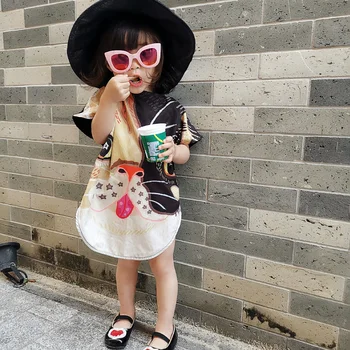 

Y684 Girls summer cat head loose dress three-year-old baby soft thin silk full print dress