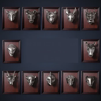 

Resin Zodiac Signs Animal Head Wall Decor With Wood Frame Background Wall Sculpture Escultura Home Decor Crafts Accessoris