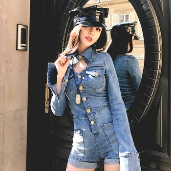 

Hot Sale Denim Long Jumpsuit Womens Sexy Deep V Neck Jean Jumpsuits Buttons Chain Playsuits Overalls For Women Rompers KZ153