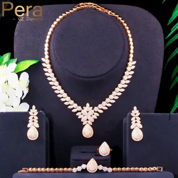 

Pera Luxury African Cubic Zirconia Dubai Gold Water Drop Earring Necklace Bracelet Ring Wedding 4Pcs Jewerly Set for Brides J400