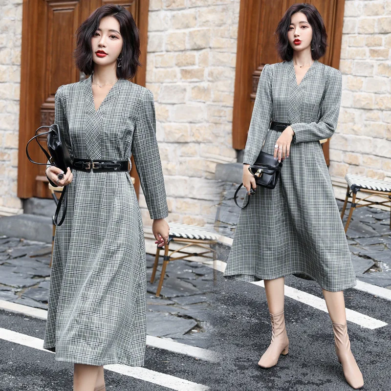 

V-neck Mid-length Simple Casual Elegant 2019 Autumn Dress Plaid Waist Hugging