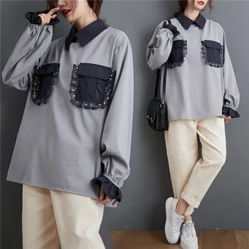 

COIGARSAM 4XL Plus Size Casual Full Sleeve blouse women New Spring Loose blusas womens tops and blouses Gray 7105