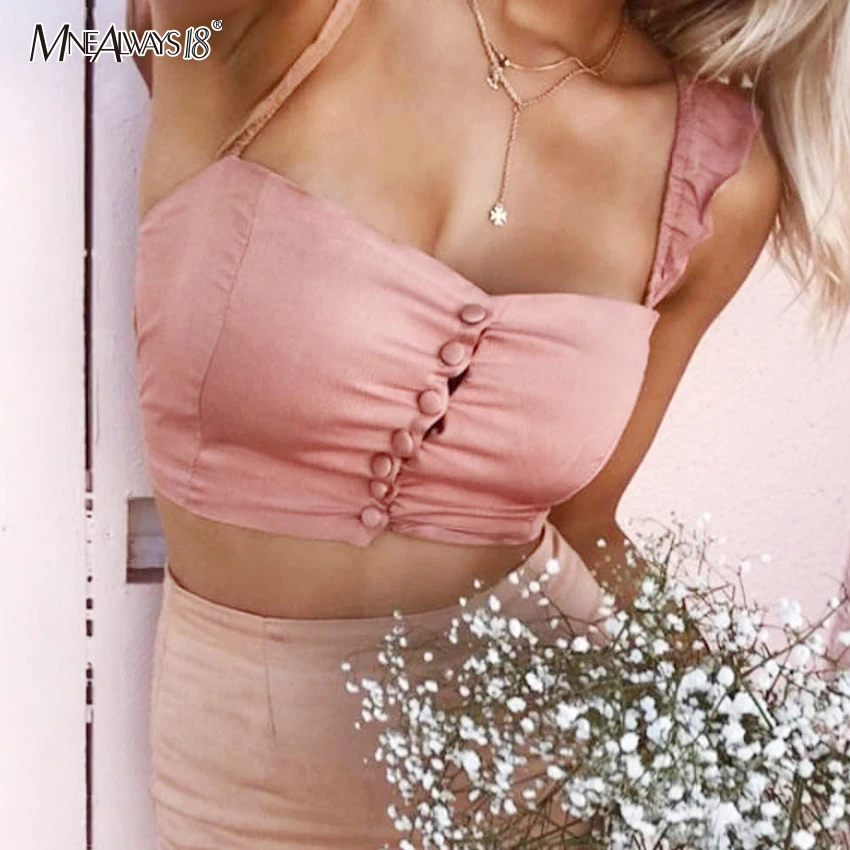 Mnealways18 розовый топ на бретелях с рюшами на пуговицах для женщин с открытыми плечами капризы обрезанный Женский Топ Бюстье рубашка с квадратным воротником Уличная Сексуальная