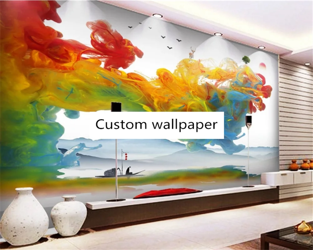 

beibehang Customized modern new new Chinese ink watercolor smoke decorative painting TV background papel de parede wallpaper