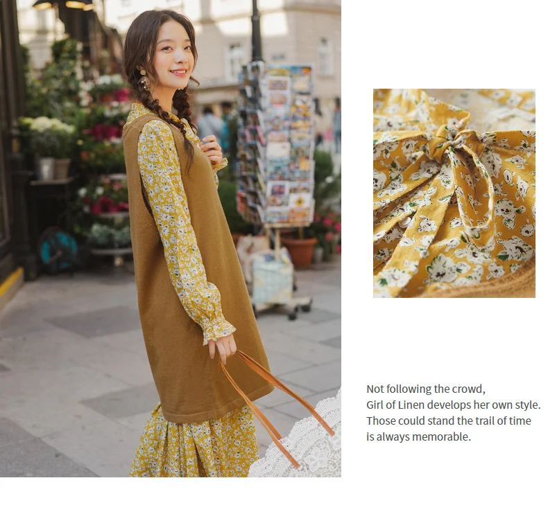 INMAN 2020 Autumn New Arrival Artsy Style Long Vest Flora Print Dress Suit