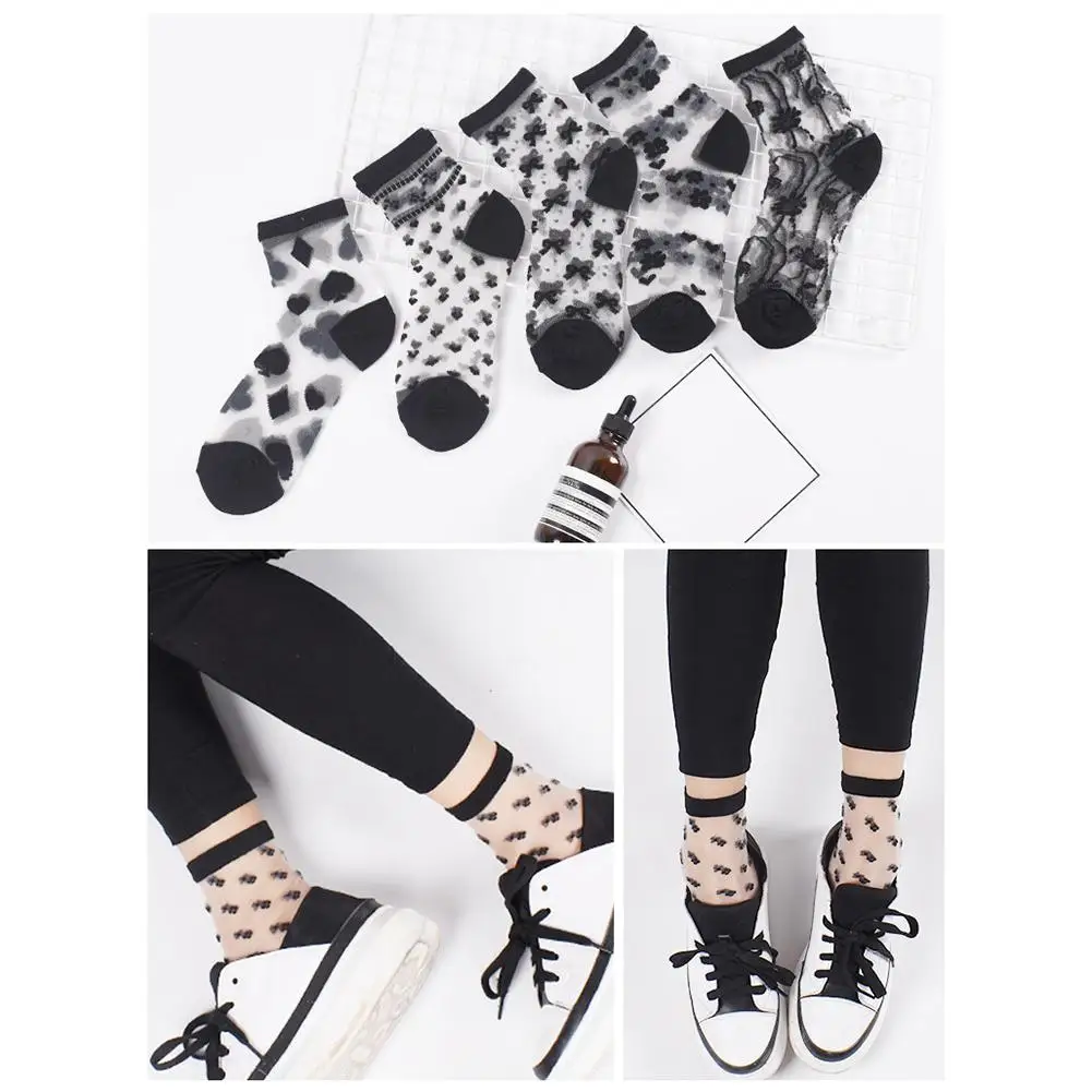 Кружевные носки женские Разноцветные полосатые в горошек с бантом прозрачные носки летние ультра тонкие женские платья чулочно-носочные изделия Горячие сетчатые носки