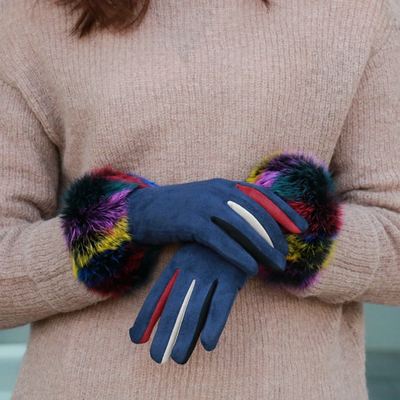 Модные зимние перчатки, перчатки с сенсорным экраном, цветные меховые женские варежки из искусственной замши, толстые теплые зимние перчатки, рождественские подарки - Цвет: Dark blue