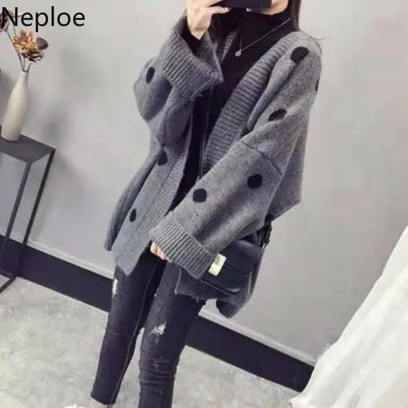 Neploe Корейский темперамент дикий горошек открытый стежка Femme V шеи свободный Hiver толстый кардиган элегантный дизайн новости пальто 45670