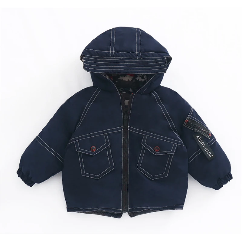 Children's autumn and winter thickening Camouflage double-sided cotton coat Men and women warm down cotton jacket - Цвет: Navy