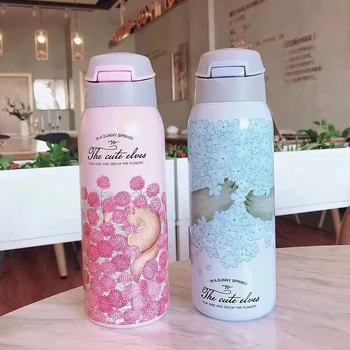 

New 350Ml Double Wall Water Bottle with Straw 304 Stainless Steel Vacuum Flask Mug Outdoor Bottle Sport Insulated Cup-Pink
