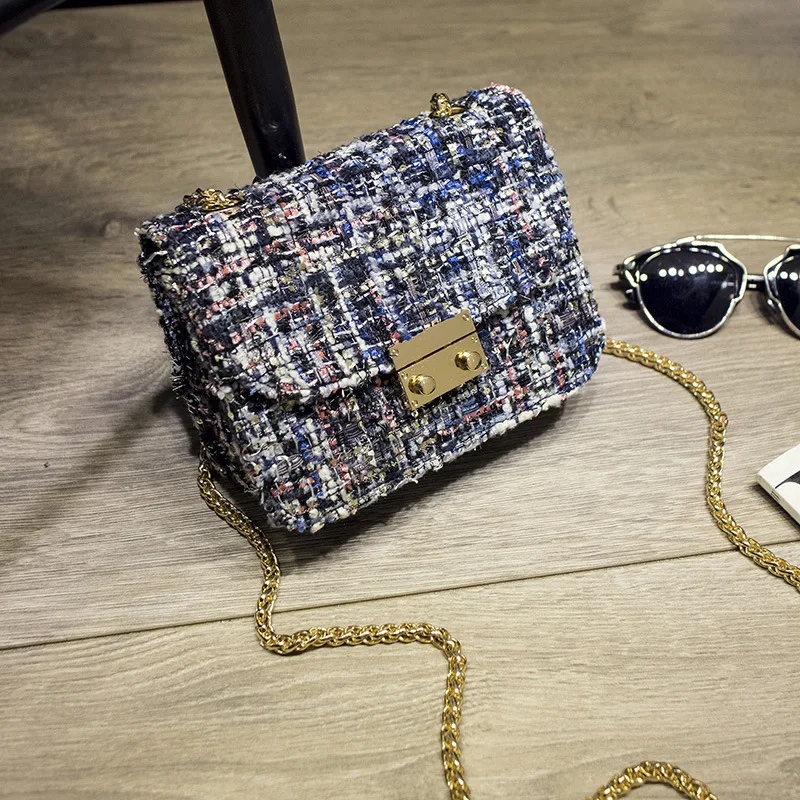 

Tang Yan Celebrity Style Blue Bag Sequin Woolen Cloth Flash Silk Square Sling Bag Mini Shoulder Handbag