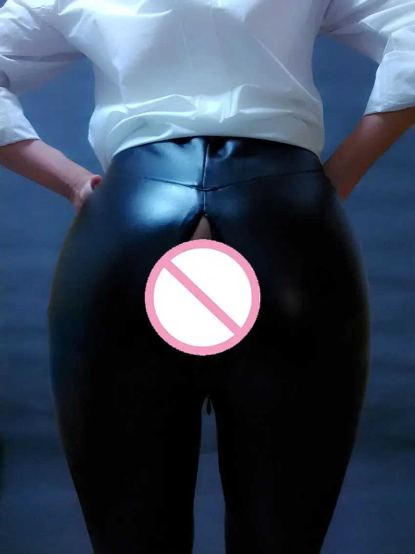 Sexy PU Zipper Open Crotch Pencil Pants High Waist Faux Leather Ouver Legging Wetlook Women Crotchless Capris Club Night Dance