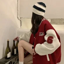  Autumn Winter Oversized Warm Bomber Jackets Women Letter Print Embroidery Varsity Baseball Jacket Vintage Loose Streetwear Coats 