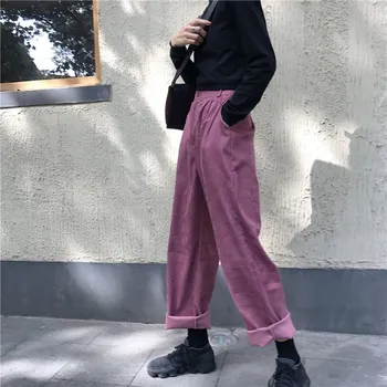 

Women Pants Streetwear Wide Leg Pants Pockets Woman Elastic Waist Full Length Palazzo Trousers