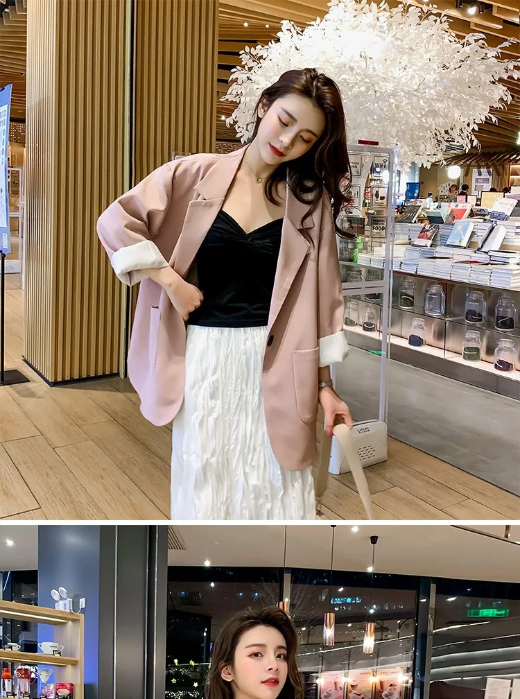 Photo Shoot Autumn Clothing New Style Sweet Pink One-Button Loose-Fit Arc Hem Able Ol Small Suit Coat Women's