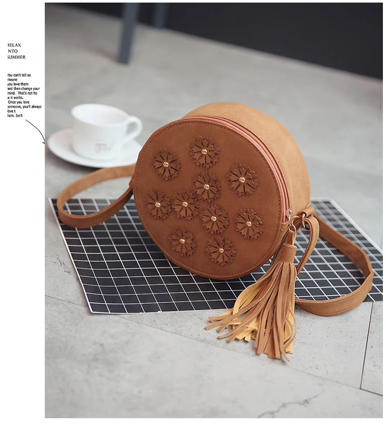 Новинка, сумки для девочек, Корейская, круглая, с кисточками, одноцветная, с цветком, женская, модная, простая, повседневная, сумка на плечо, маленькая, круглая, сумка из полиэстера