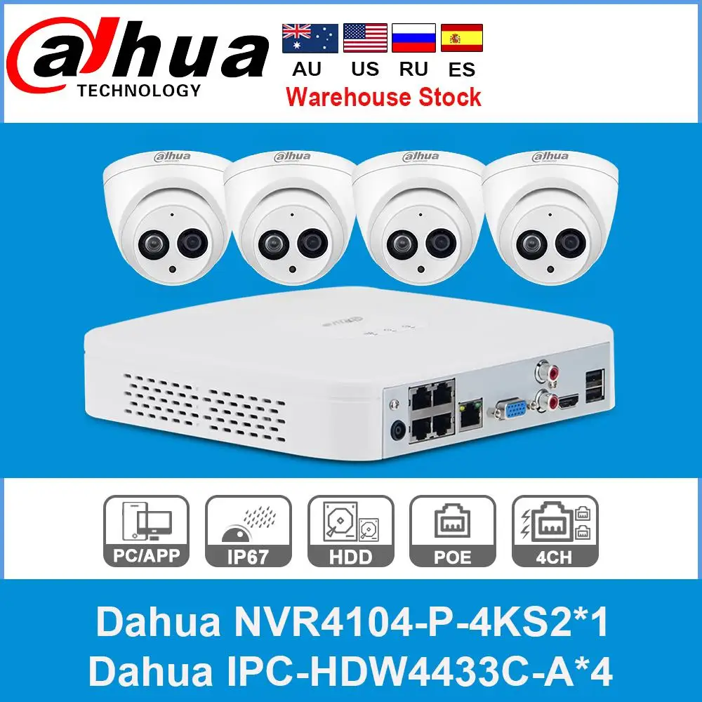 Dahua 4mp 4 + 2/4 sistema de câmera segurança 4mp câmera ip IPC-HDW4433C-A 8ch poe NVR4104-P-4KS2 vigilância p2p sistema visão remota