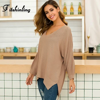 

Fitshinling Batwing Sleeve Oversized Sweater V Neck Loose Pullover 2019 Winter Solid Sweaters Women Irregular Jumper Pull Femme
