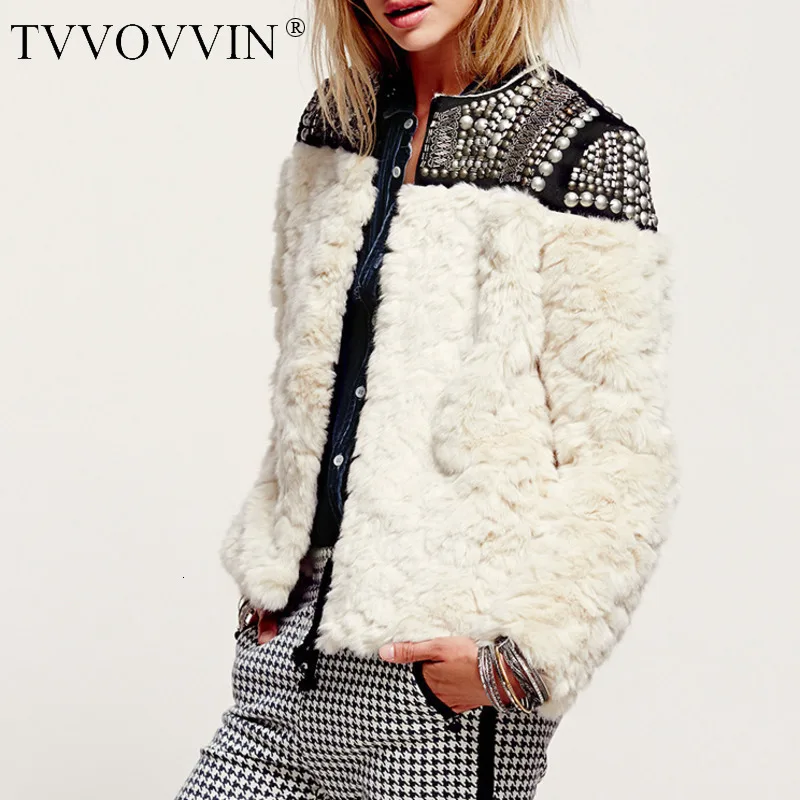 Meilleur TVVOVVIN haute qualité nouvelle automne hiver 2019 Rivet Patchwork femme manteau de fourrure de lapin Jaqueta Feminina veste Q433